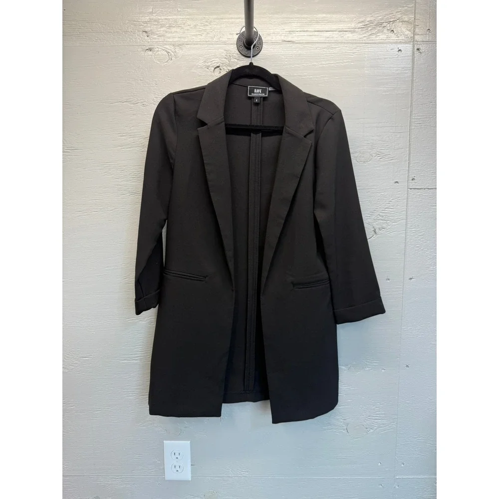 HAVE Los Angeles Womens Black Open Front Longline Blazer 3/4 Sleeve Small